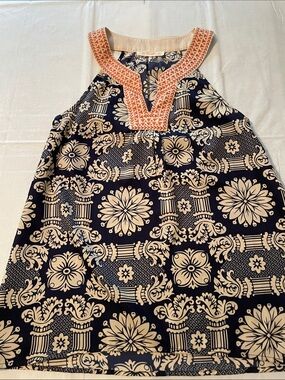 Le Sample Navy & Cream Printed Halter Blouse with Gold Embroidered Trim XS
